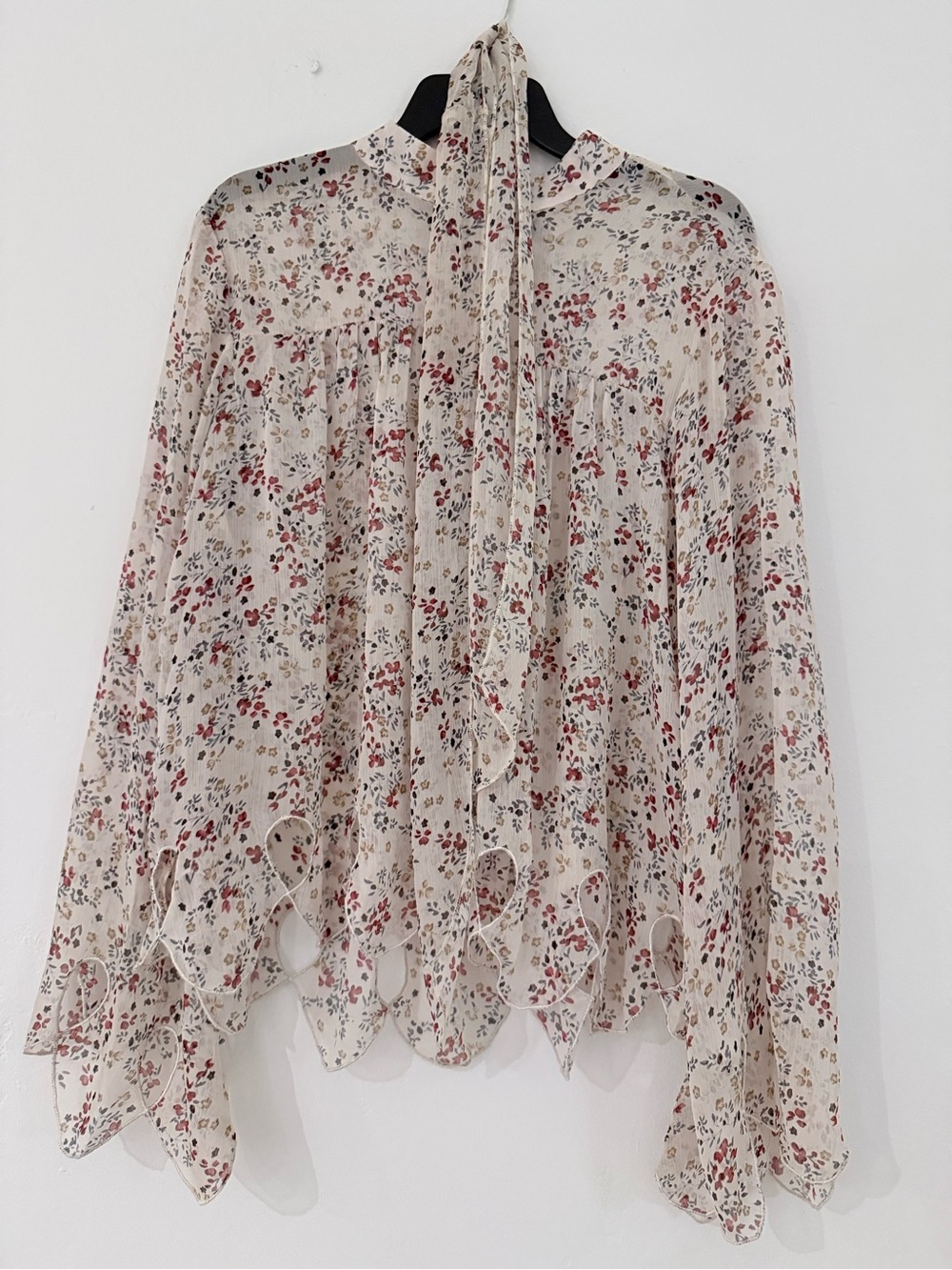 Women’s Tie-Neck Floral Blouse in Cream with Red Accents